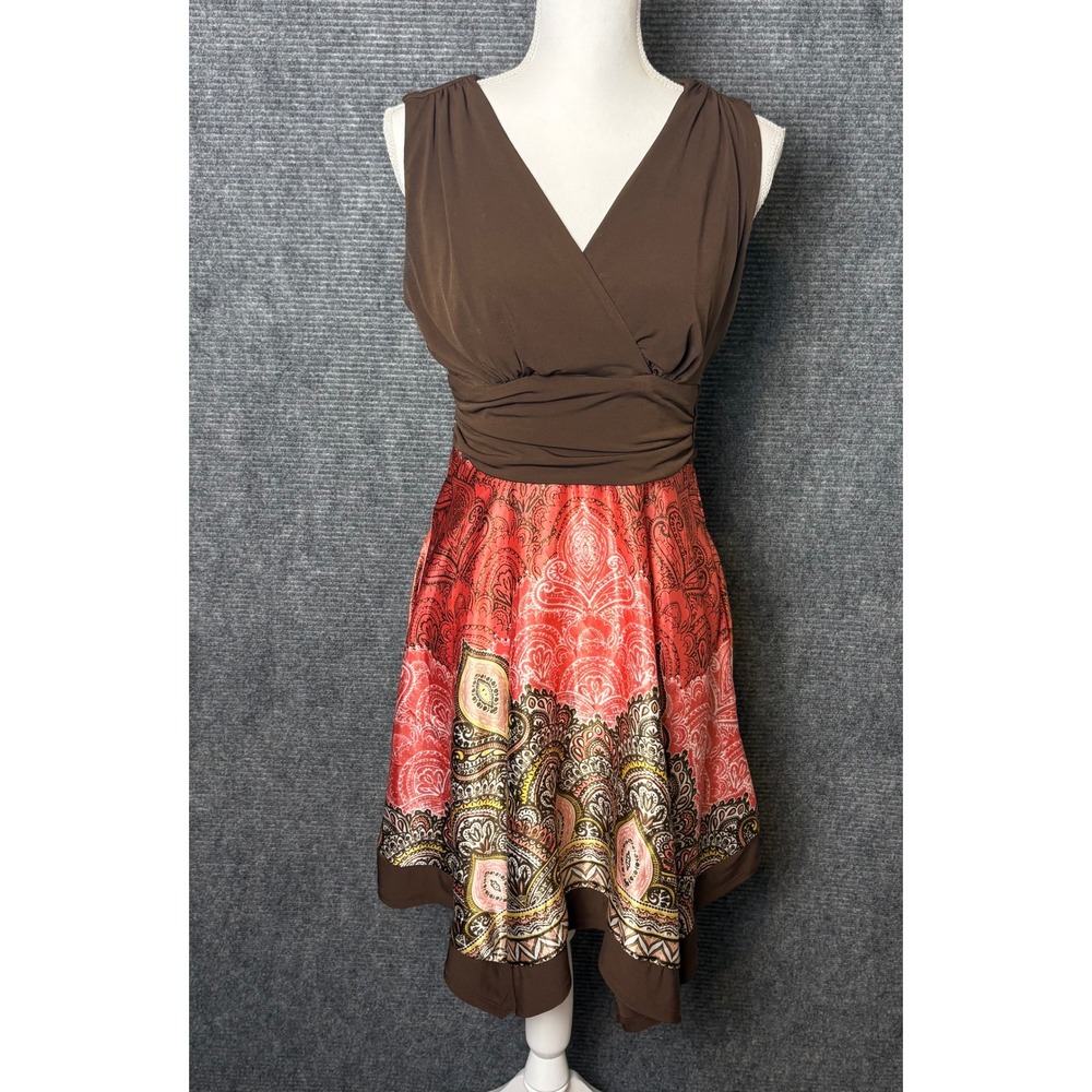 BCX Dress Womens 9 Brown Paisley Satin Skirt Handkerchief Hem V-Neck Sleeveless
